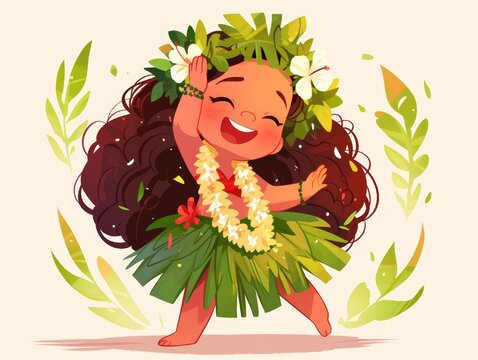 Cute cartoon Full body studio portrait of a Hawaiian hula dancer in a grass skirt and lei illustrations