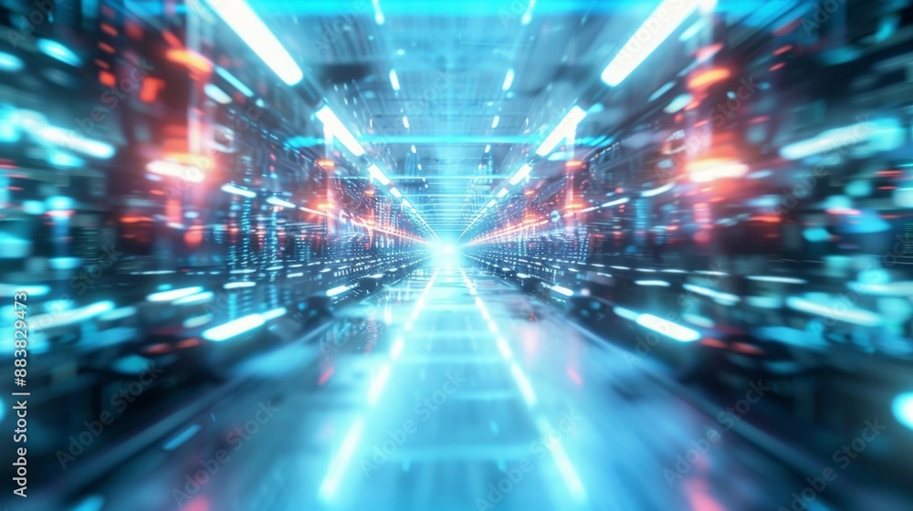 Poster futuristic digital hallway with neon lights and abstract patterns, ideal for modern, high-tech prese