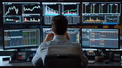 Financial Analyst A businessperson working in, analyzing data on multiple screens or discussing financial strategies with colleagues