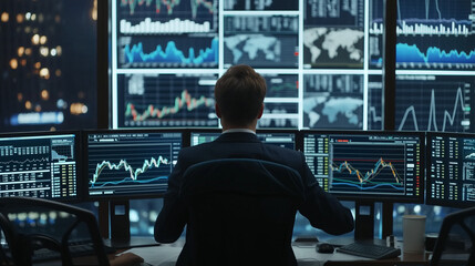 Financial Analyst A businessperson working in, analyzing data on multiple screens or discussing financial strategies with colleagues