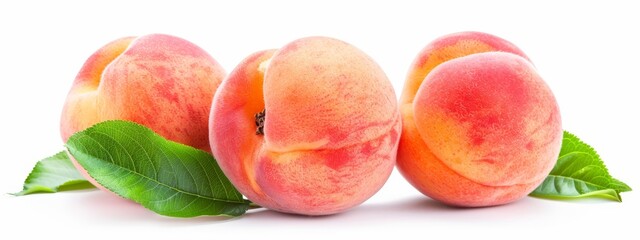  Three peaches with leaves against a white backdrop, a green leaf placed in the foreground