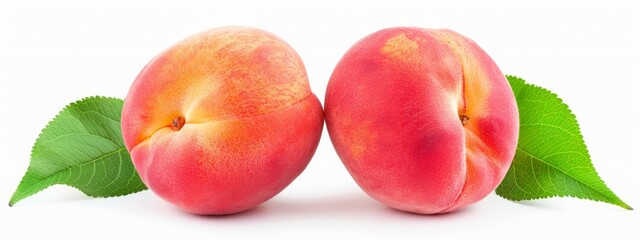  A tight shot of two peaches against a white backdrop, each adorned with a single green leaf atop