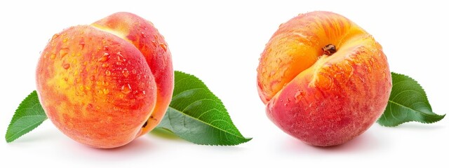  A tight shot of two peaches, one adorned with leaves atop, the other with a missing chunk from its flesh