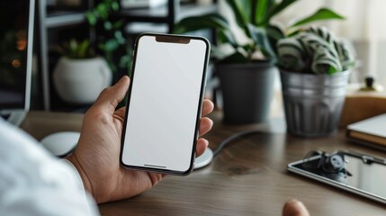 Close-up of Businessman holding cell phone in factory,using smartphone with blank screen,A white screen smartphone mockup in a man's hand,social media, mobile application,chatting,copy space.