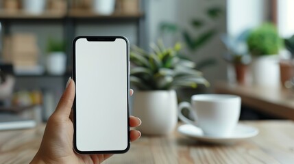Closeup image of a woman relaxes sitting in the cafe and coffee cup ,using her smartphone,smartphone white screen mockup for display your graphic banner,copy space.