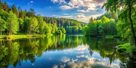 Fototapeta premium A peaceful lake surrounded by lush green trees in a serene forest setting, nature, landscape, water, trees, calm