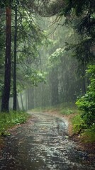 Obraz premium Tranquil Forest Path in the Rain, Serene Nature Walk Through Lush Woodland Setting.
