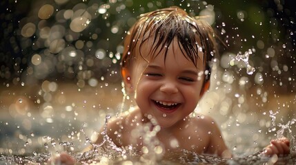 Fototapeta premium Pure Joy in the Rain, Delightful Image of Child Playing and Splashing in Puddles on a Rainy Day.