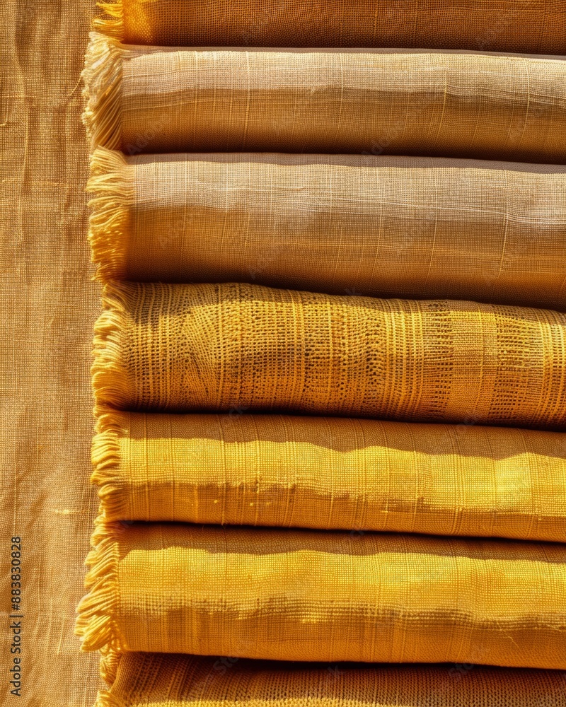 Poster bright mustard yellow fabrics neatly stacked on beige background, soft shadows creating depth