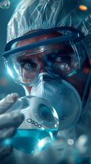 Photo Realistic Chemical Engineer with ISO Badge and Laboratory Equipment Concept in Dreamy Background   ISO Certification and Chemical Engineering Symbolized