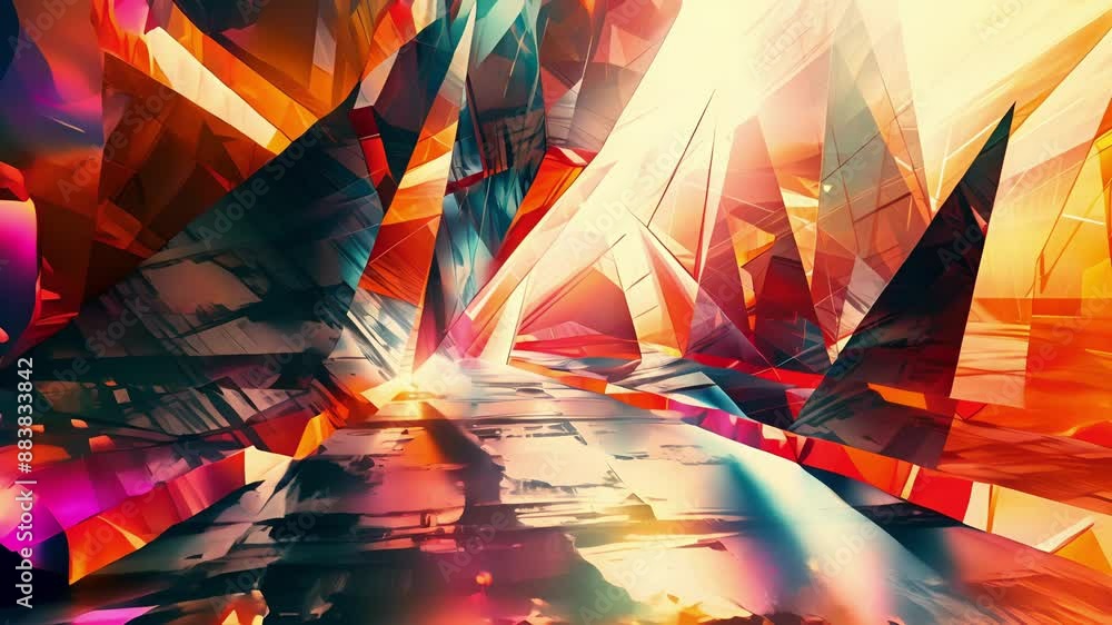 Poster an abstract landscape of prisms creating a mesmerizing play of light and shadow.