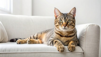 A cute tabby cat lounging on a cozy white sofa, cat, tabby, lounging, cozy, white, sofa, home, pet, domestic, relaxation