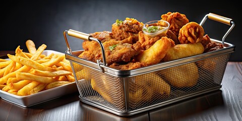 A commercial deep fryer filled with fried foods such as fries, chicken wings, and onion rings, commercial