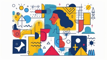 Naklejka premium Creative thinking with abstract shapes flat design top view theme inspiration cartoon drawing Complementary Color Scheme.,