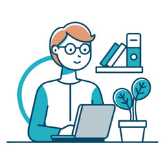  Line Art Vector Illustration of Person Working on Computer and Reading a Book