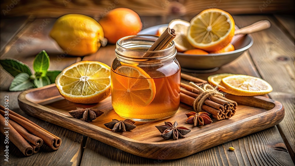 Canvas Prints A jar of honey on a wooden tray surrounded by cinnamon, dried orange, and lemon in warm light colors, Honey