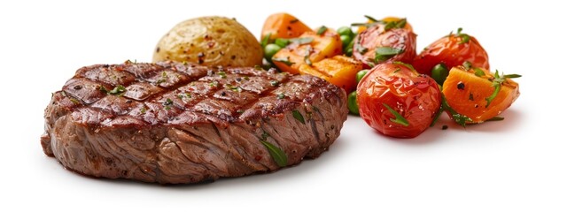 Obraz premium A steak adjacent to piles of tomatoes, green beans, and carrots