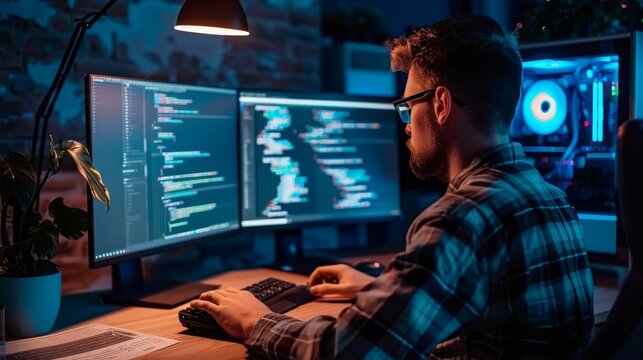 A man is sitting at a desk with two computer monitors and a keyboard