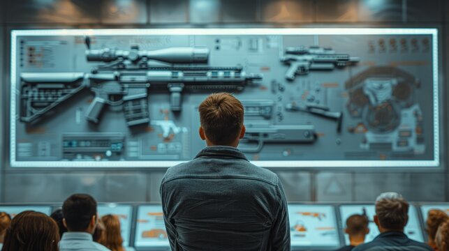 Intricate machine gun designs visualized on a large screen engage a focused audience at a global conference dedicated to firearm technology.