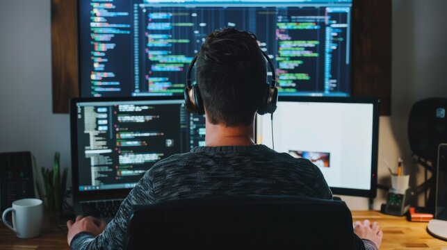 A man is sitting in front of a computer with a monitor and a keyboard
