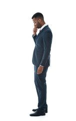 Thinking, employee and black man with fashion, profile and model isolated on white studio background. African person, financial consultant and agent with confidence, choice and thoughts with decision