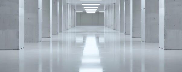 Obraz premium Futuristic white corridor with symmetrical columns and reflective flooring, illuminated by overhead lights creating a minimalist and expansive space