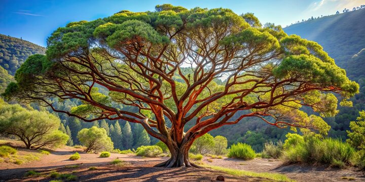 Image featuring a beautiful, mature manzanita tree in a serene forest setting, manzanita tree, nature, forest, tree trunk