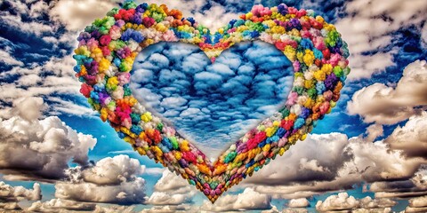 Obraz premium Colorful heart shape in the clouds, perfect for Valentine's Day celebration, Valentine, love, heart, abstract, clouds