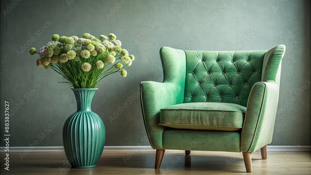 Sticker Green vase-shaped flowers sitting on a chair next to a suede couch, flowers, vase, green, chair, suede, couch