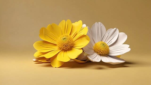 8K Ultra HD detailed. 3D realistic sprint flower in yellow background with empty space text