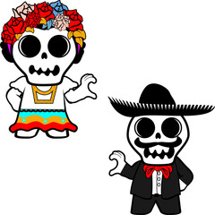 Traditional mexican character skull cartoon couple pack collection illiustration in vector format