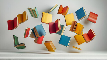 Colorful hardcover books flying on white background copy space . Generative AI