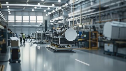 Naklejka premium A space industry manufacturing facility assembling satellite components