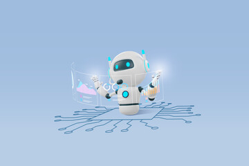 AI chat robot analyzing business graph chart data on circuit board. Artificial intelligence technology revolution and development, machine learning. Implement of robotic science research in business. 