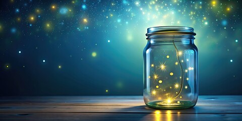 Glass jar with fireflies glowing inside on a blue background, fireflies, jar, glowing, blue, light, insect, night, magical