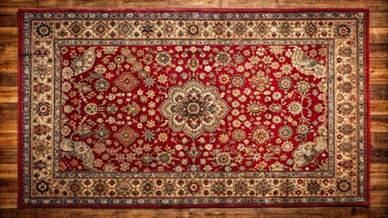 Top view of a luxurious red Persian carpet on an antique wooden floor, Persian, carpet, red, top view, luxury