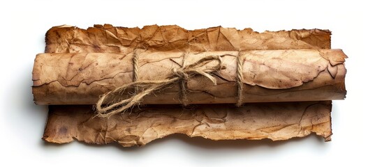 A vintage rolled parchment tied with twine, featuring an aged and weathered look on a white background.