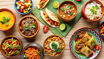 Variety of delicious Mexican dishes on a table , Tacos, Burritos, Quesadillas, Chili, Fajitas, Tortillas