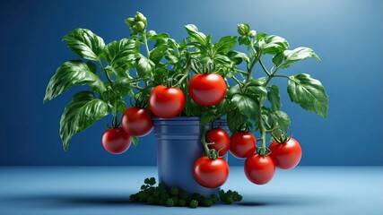 8K Ultra HD detailed. 3D realistic tomato plant in blue background with empty space text