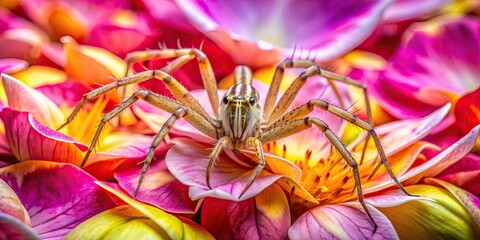 Lynx spider camouflaged among vibrant flower petals , Lynx spider, flower, petals, camouflage, nature, wildlife
