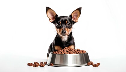 Homemade toy terrier near a bowl of dry food on a light background