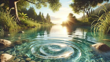 sunrise over a peaceful lake, with clear water reflecting the surrounding trees and the sky