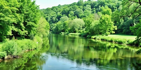Serene river flowing through lush green landscape. render, river, serene, lush, green, landscape, peaceful, nature, scenic