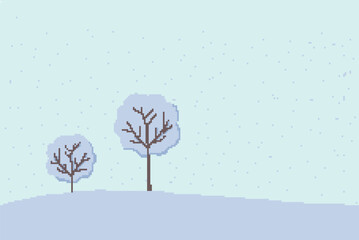 pixel art in winter there is snow falling from the sky covering the trees