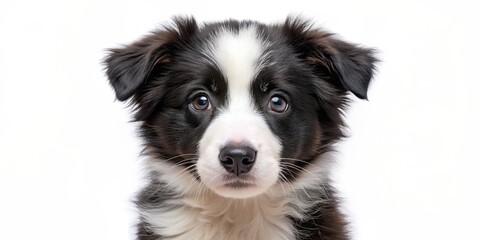Fototapeta premium Fluffy border collie puppy looking directly at the camera on a white background, adorable, playful, pet, companion, furry