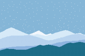 Printwinter pixel art, there are very beautiful blue mountain ranges covered with snow	
