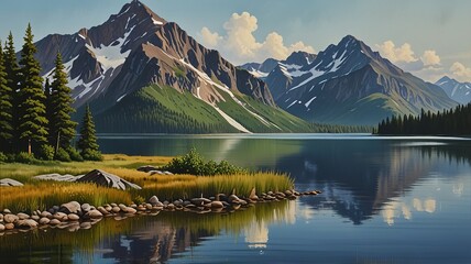 A painting of a mountain lake with a mountain