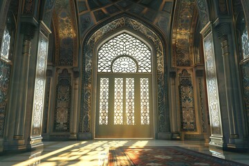 Obraz premium Close up of an intricately designed mihrab in a mosque, beautifully lit , created by ai