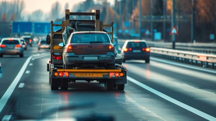 A tow truck is transporting a broken car on the highway. It's a common sight on the road, especially when a car breaks down. 
