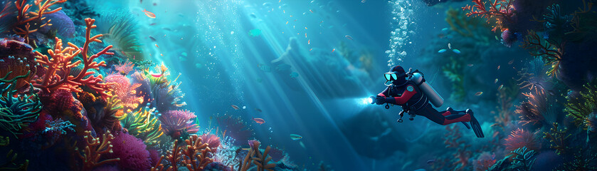 Fototapeta na wymiar Diver with Diving Gear and Flashlight Exploring Fantasy Ocean Mystical Underwater Adventure in Photo Stock Concept